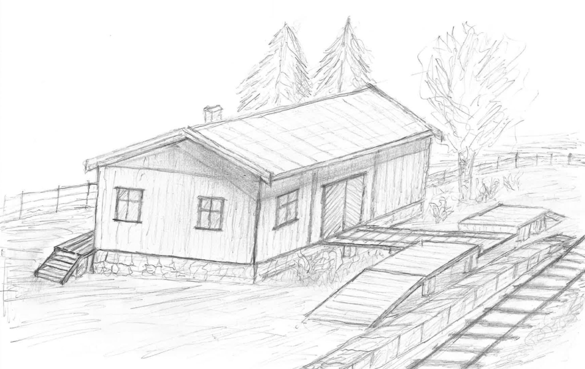 Melkemottaket på Grindvoll vest for stasjonen. Tegning av Ivar Myhrstuen.