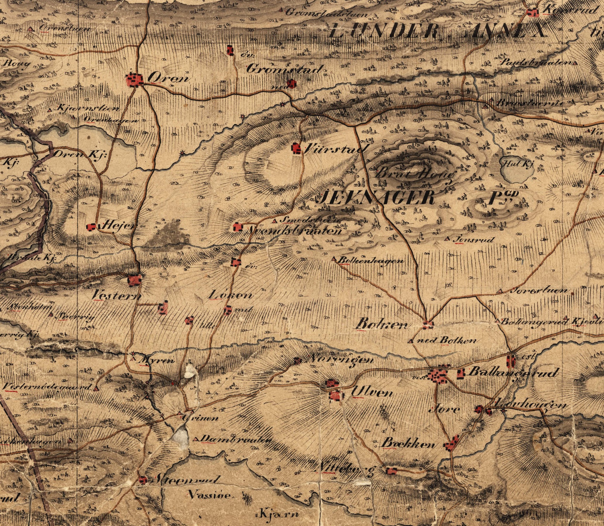 Kartet
viser de gamle ferdselsvegene i Vestre
Lunner. Kilde: Historiske kart fra Statens
kartverk.